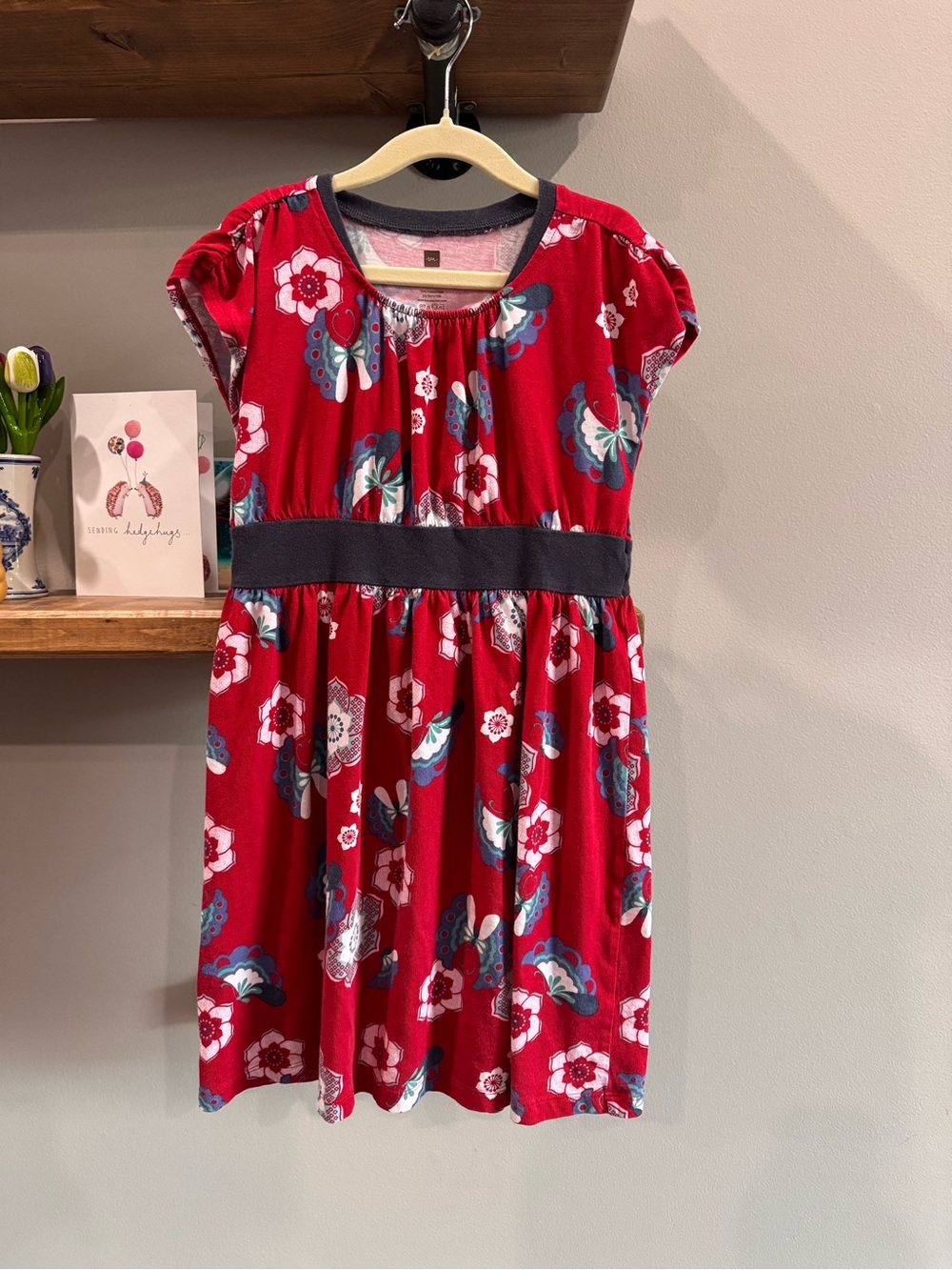 Tea Collection Red Floral Knit Dress with Navy Waistband